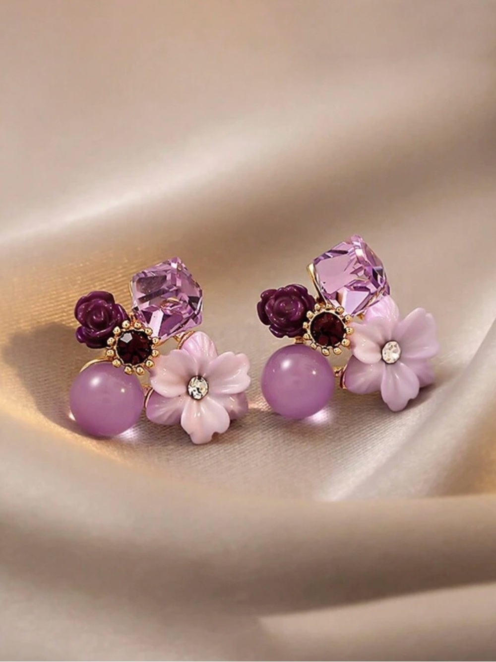 Lavender Floral Cluster Stud Earrings - Women Jewelry